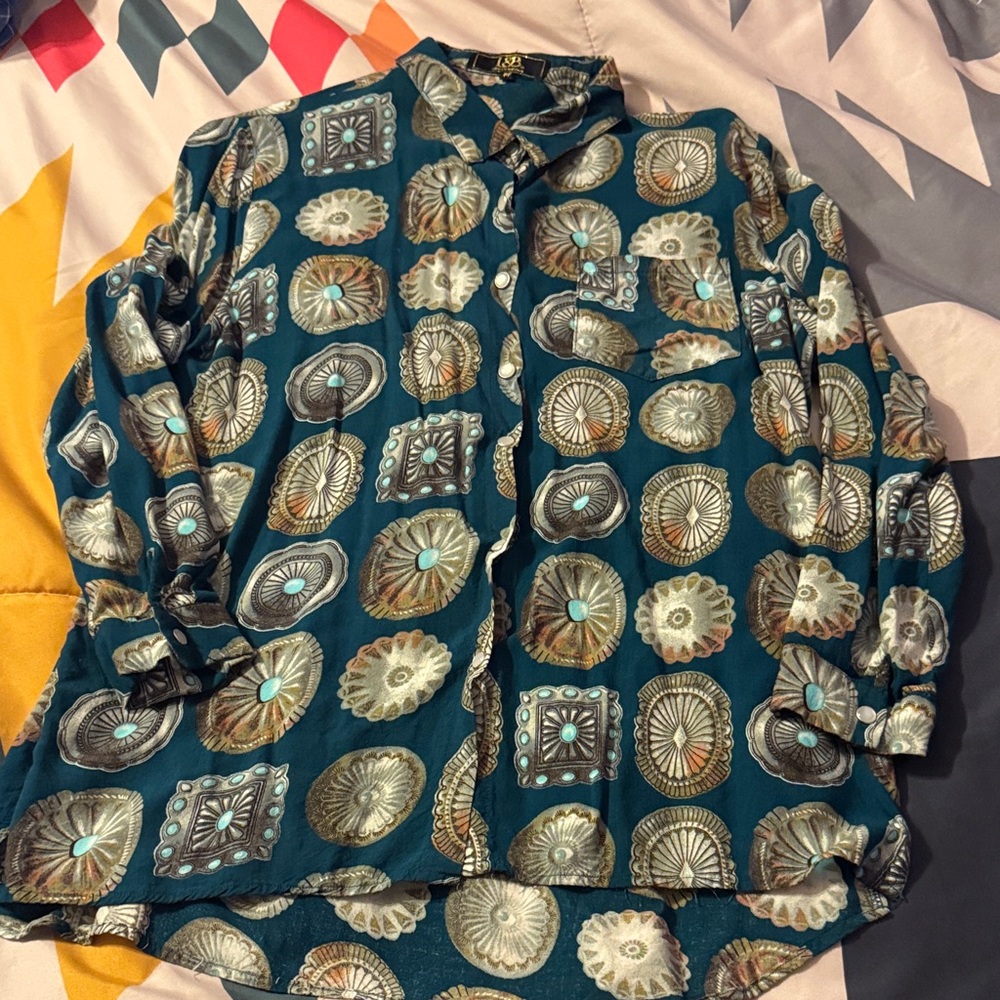 L&B Teal and Silver Geometric Blouse